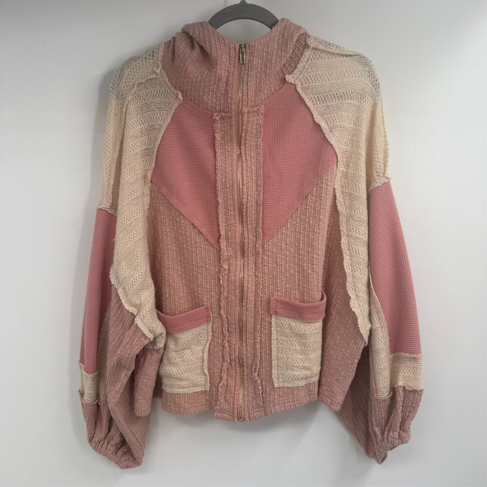 POL Hoodie Women M Pink Cream Patchwork Full Zip Thermal Boho Cottagecore GKT138